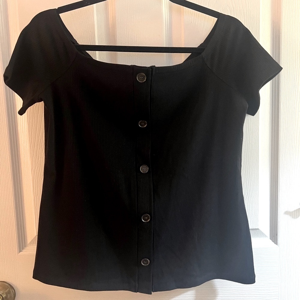 NWT Ann Taylor Black Button-Down Off Shoulder Top